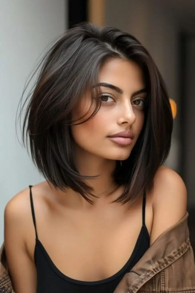 "Sleek chin-length bob with smooth finish."