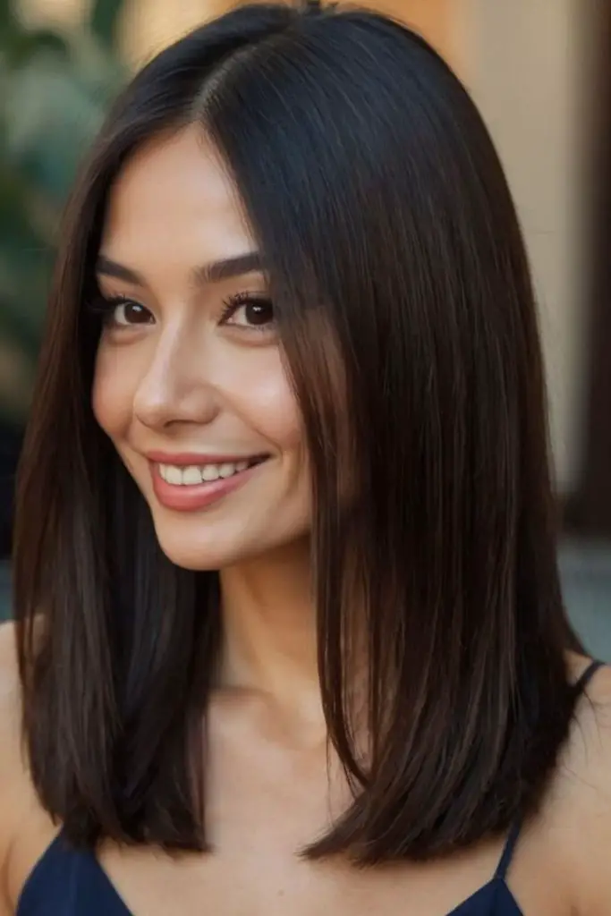 "Shiny, sleek straight hair with polished finish."