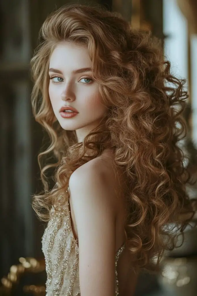 Side-swept curls with layered, bouncy ends.