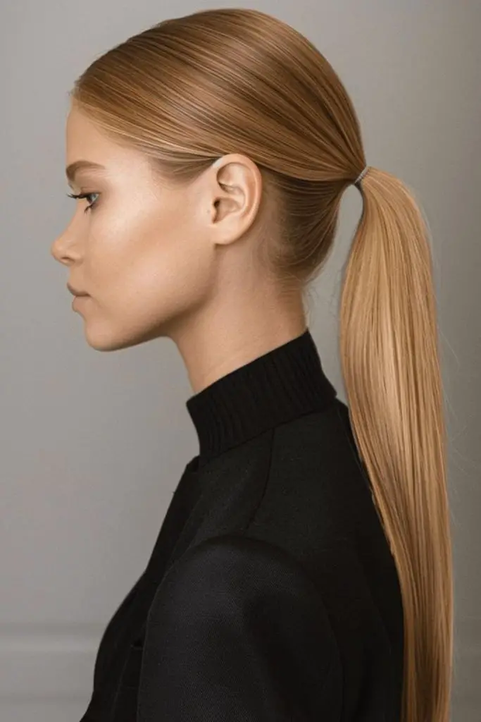 "Polished low ponytail with smooth shine."