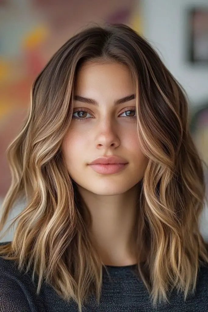 "Layered curls creating volume and movement."