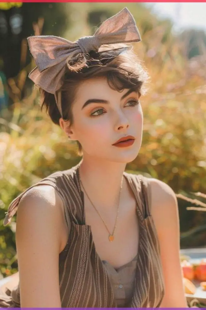 "Edgy pixie cut adorned with a bow."