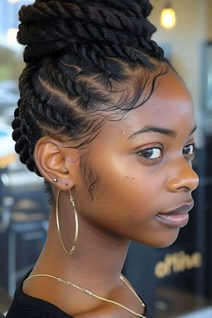Intricate spiral twists form an elegant updo.