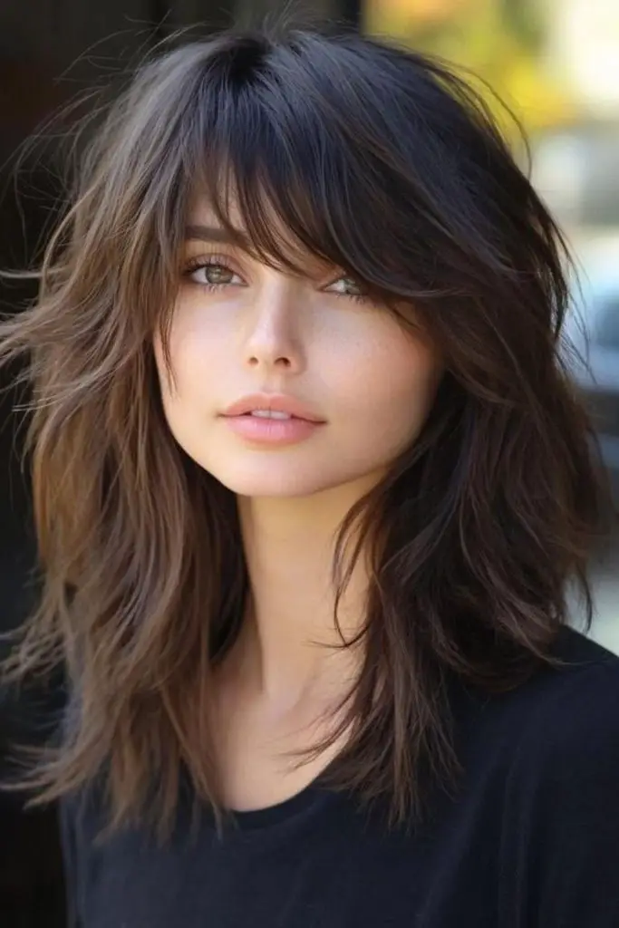 Stacked, layered bangs for added volume and style.