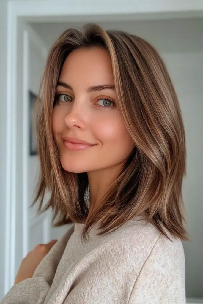 Sleek lob cut with soft, layered ends.