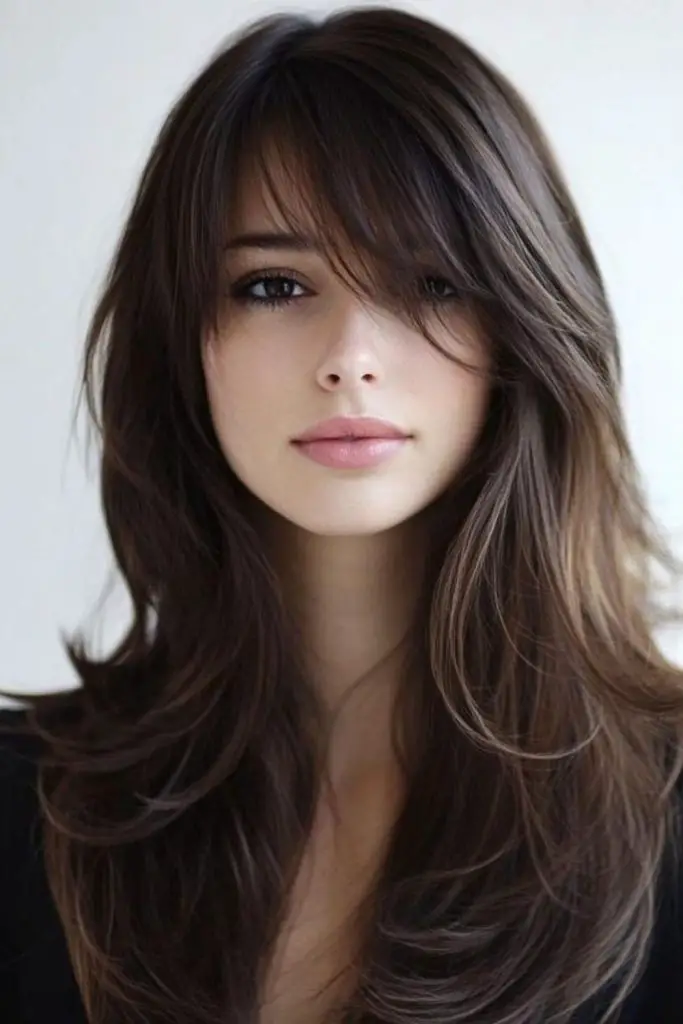 Long textured layers with side bangs.
