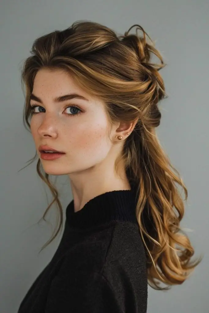 Half-up hairstyle with a textured finish.