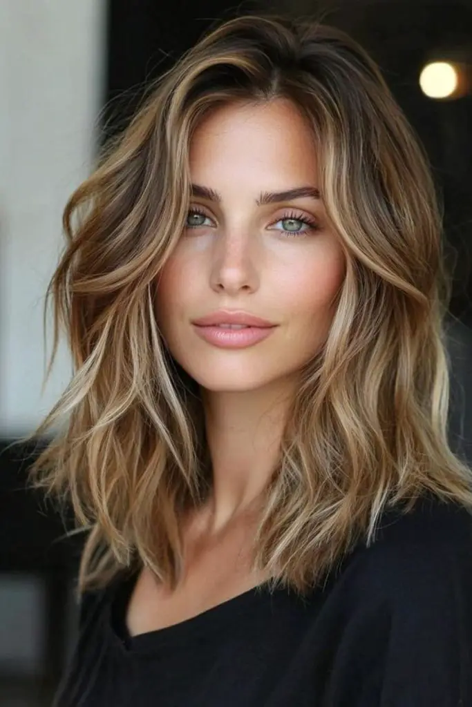 "Medium-length layers with tousled, voluminous texture."