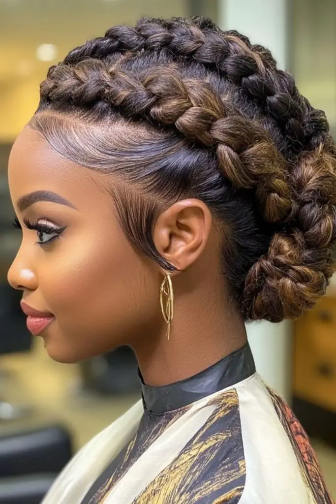 Twisted hair forms a chic faux headband.