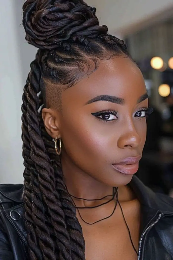 Twists create a striking, braided mohawk.