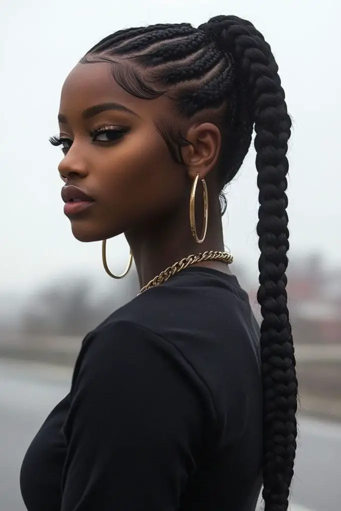 Sleek twisted ponytail for a modern, bold appearance.