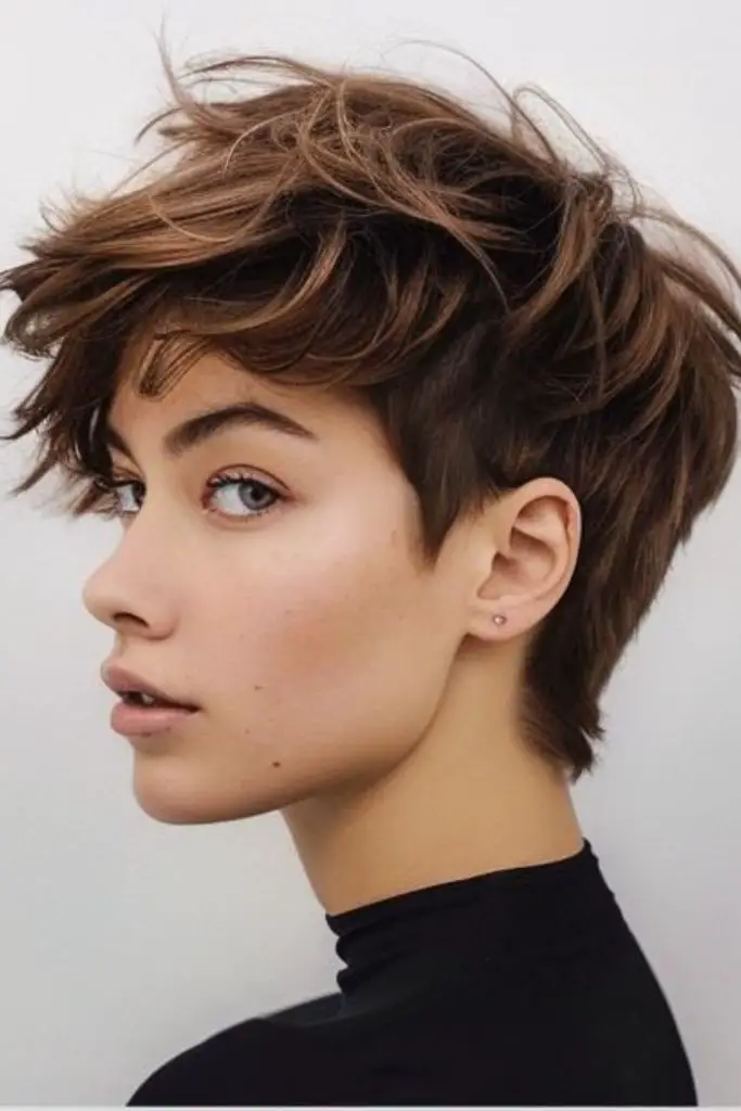 "Layered pixie cut creating full-bodied volume."