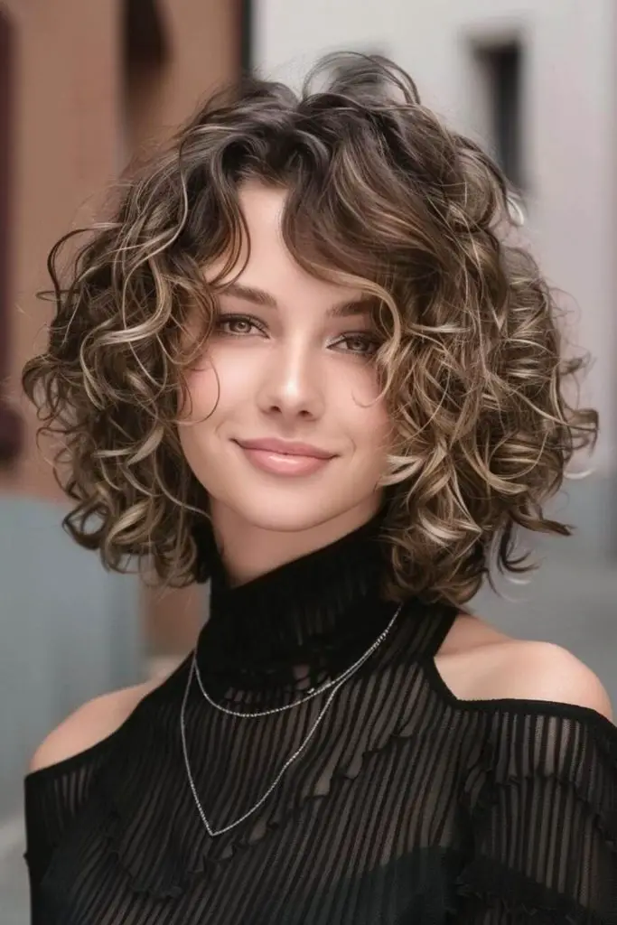 Textured bob with voluminous, bouncy curls.