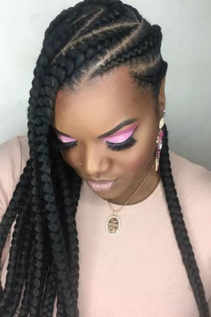 "Bold, zig-zag patterned side braids."