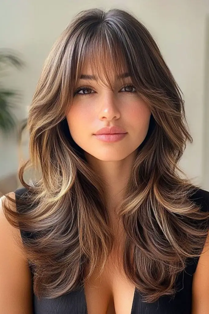 Layered cut with wispy, soft bangs.
