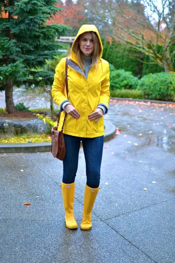 Bright raincoat makes a playful, bold statement.