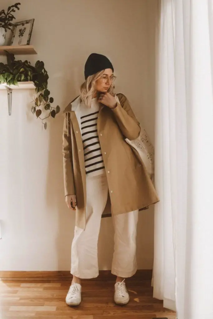 Fur-lined raincoat offers warmth with chic appeal.