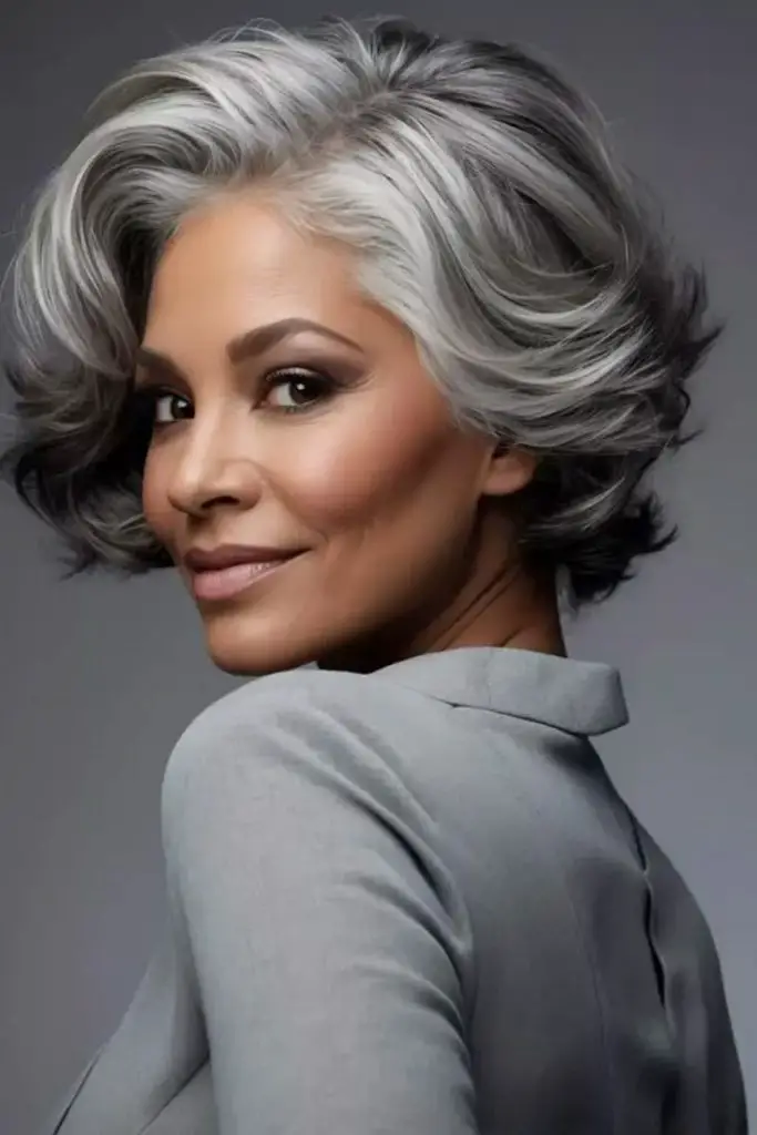 Feathered gray bob cut for light, airy elegance.