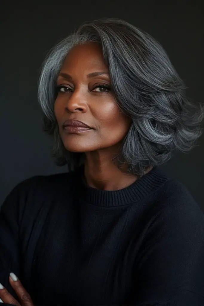 Striking gray hair mixed with dramatic black highlights.
