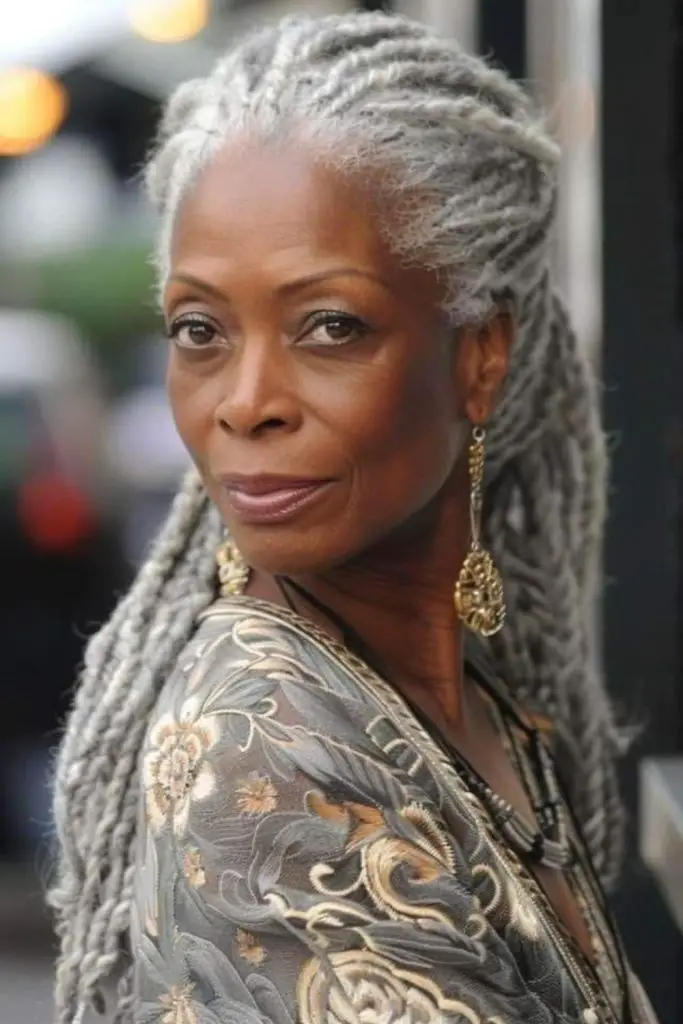 Luxurious long gray curls cascading effortlessly down.