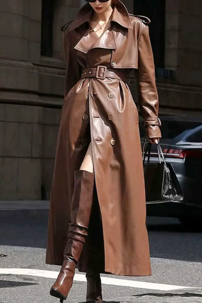 Dramatic maxi raincoat delivers extra-long sophistication.