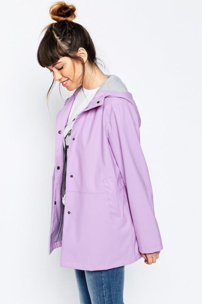Soft pastel raincoat adds gentle color to gloomy days.