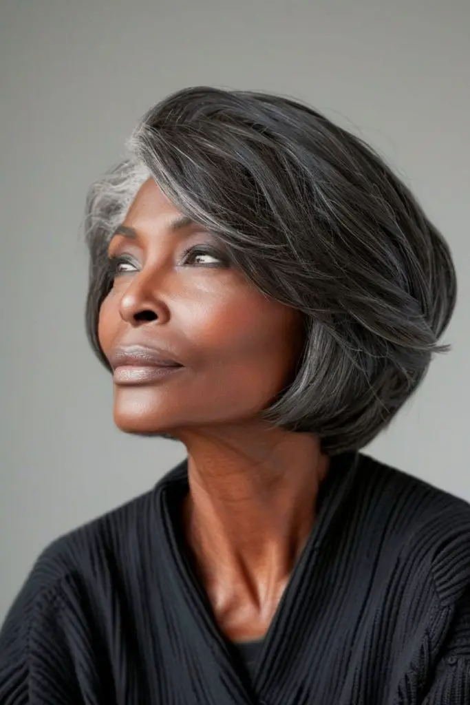 Romantic side-swept gray hair with soft layered texture.