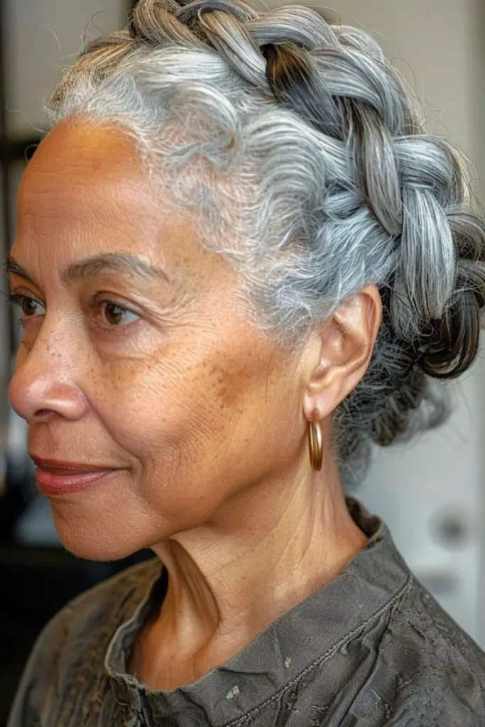 Intricate silver crown braid hairstyle for graceful beauty.