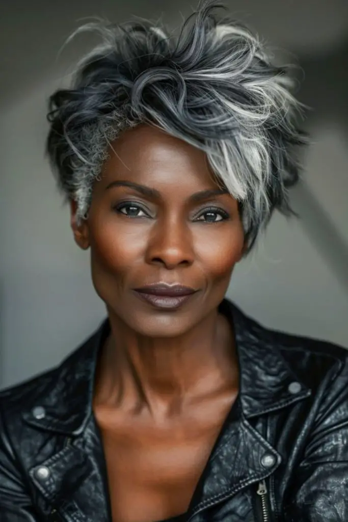 Short and sleek silver pixie haircut, youthful and stylish.