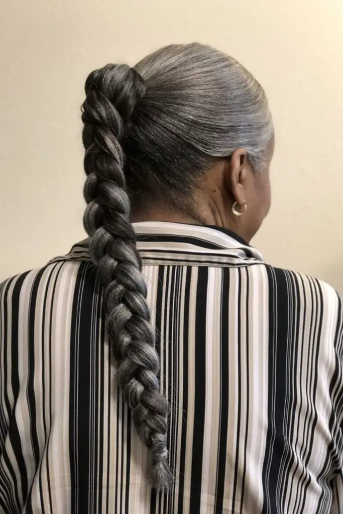 High ponytail with braid and silver streaks for a playful look.