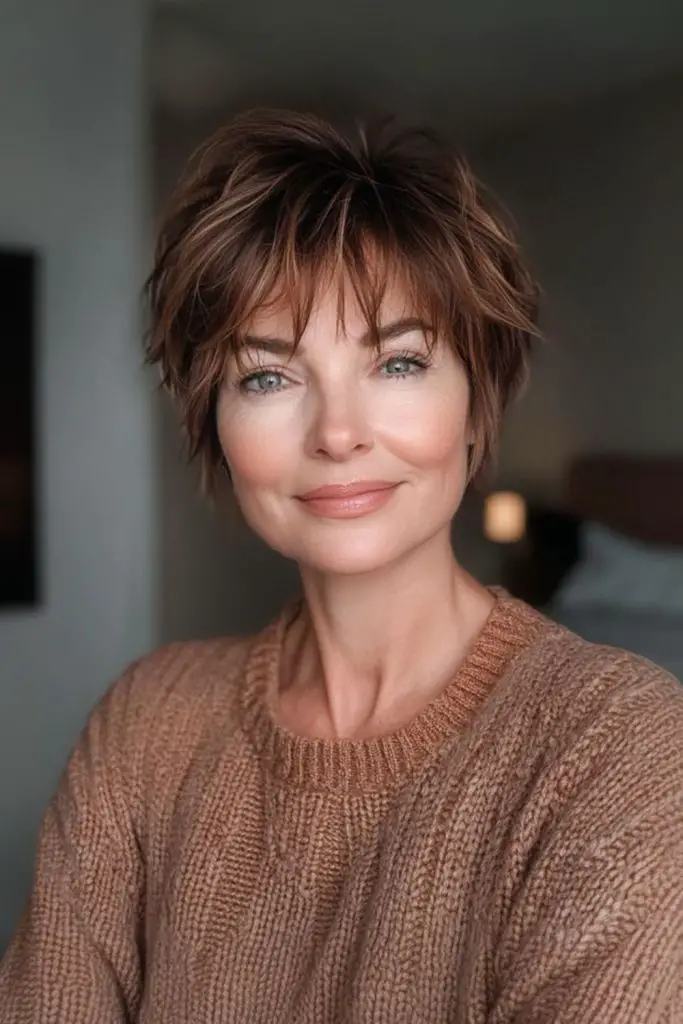 Short, wispy pixie with soft texture.