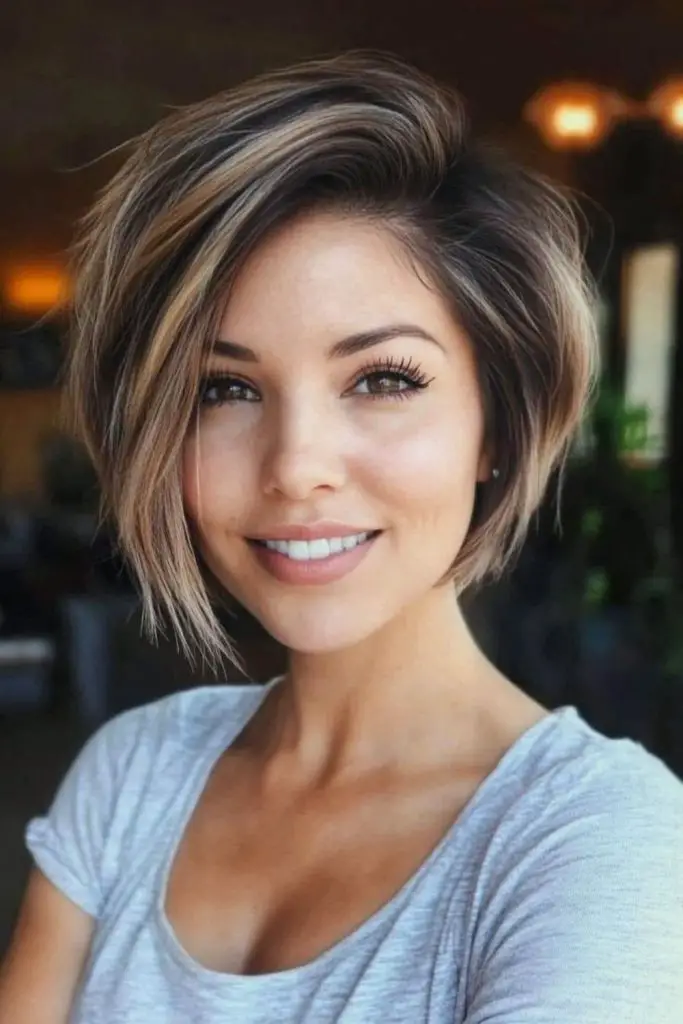 Forward-angled bob with sculpted layers.