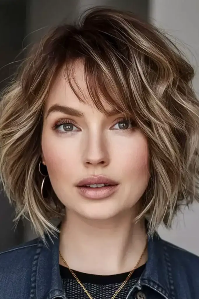 Angled bob with shaggy layers.