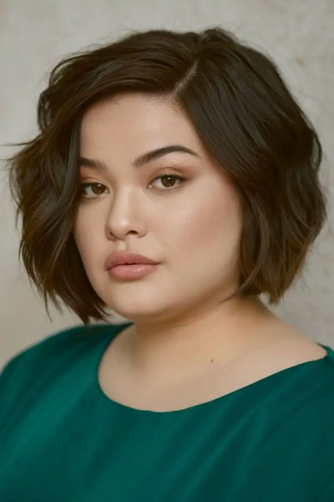 Sharp chin-length bob hairstyle.