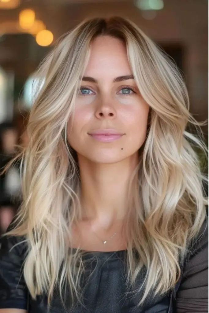 Cool ash-blonde with soft feathered layers.