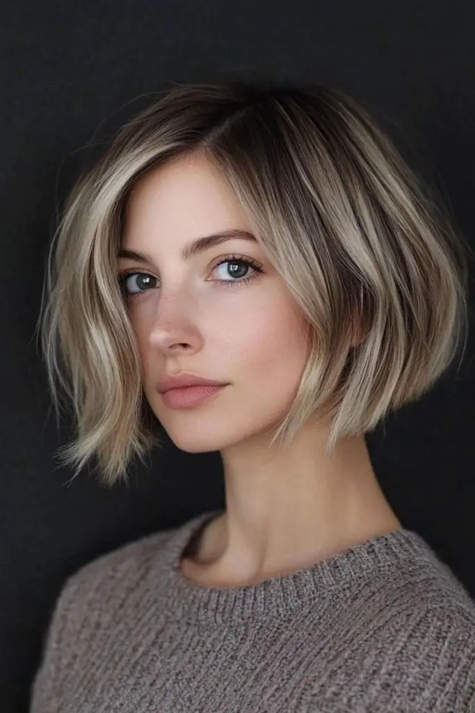 Cool-toned angled bob with sharp layers.