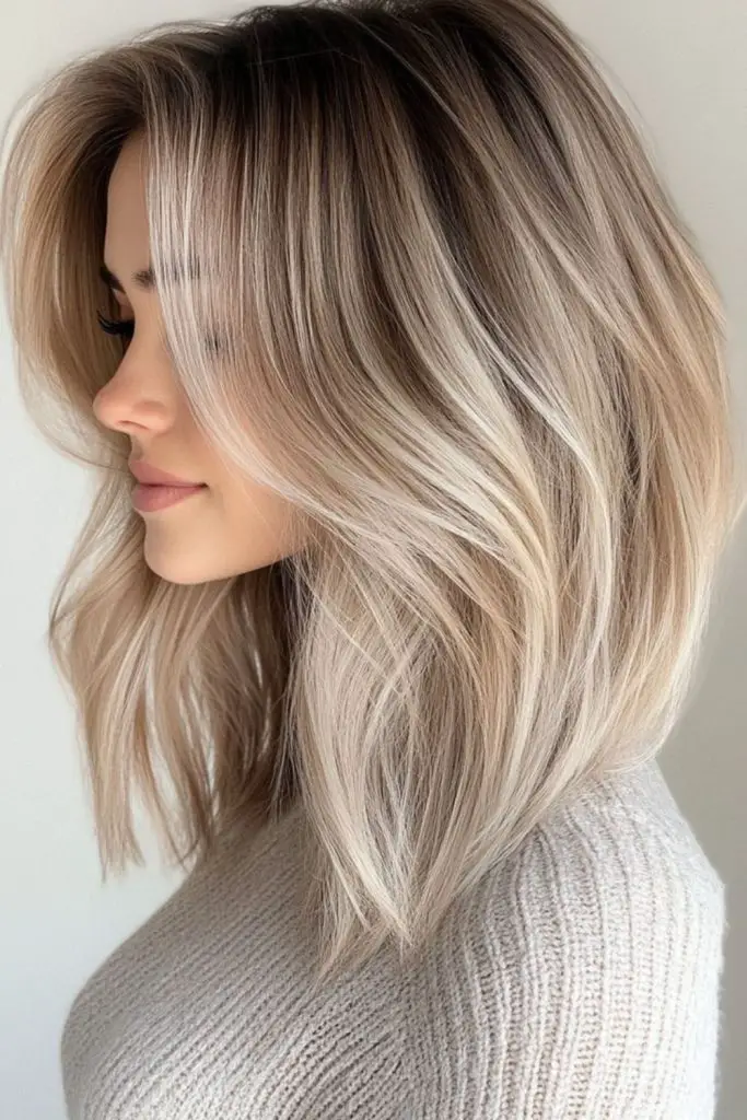 Cool-toned blonde lob with sleek finish.