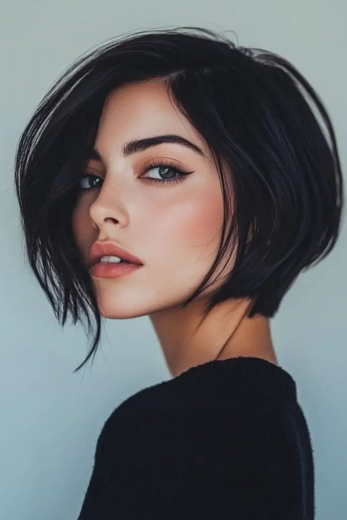 Uneven layered bob with edgy imbalance.