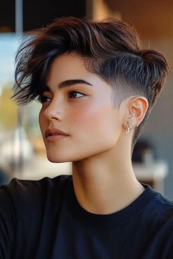 Bold asymmetrical pixie with tapered sides.