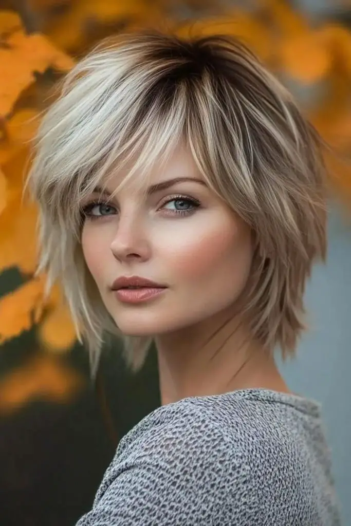 Asymmetrical layered bob with sharp angles.