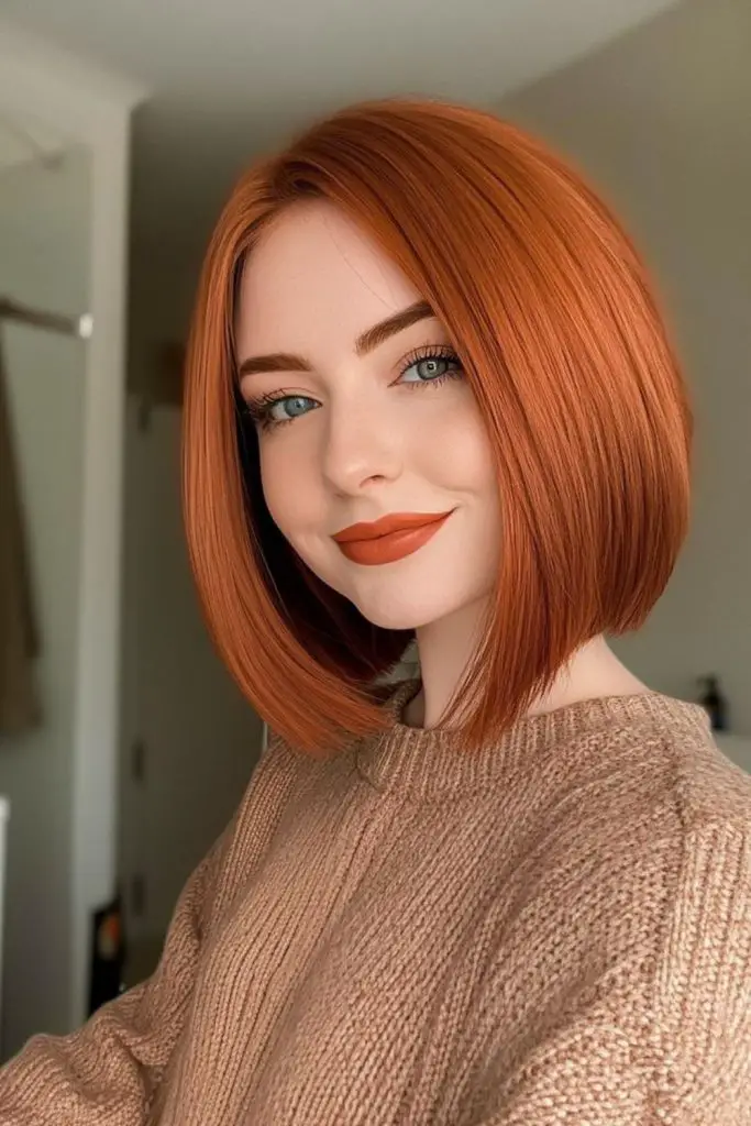 Rich auburn bob with soft layers.
