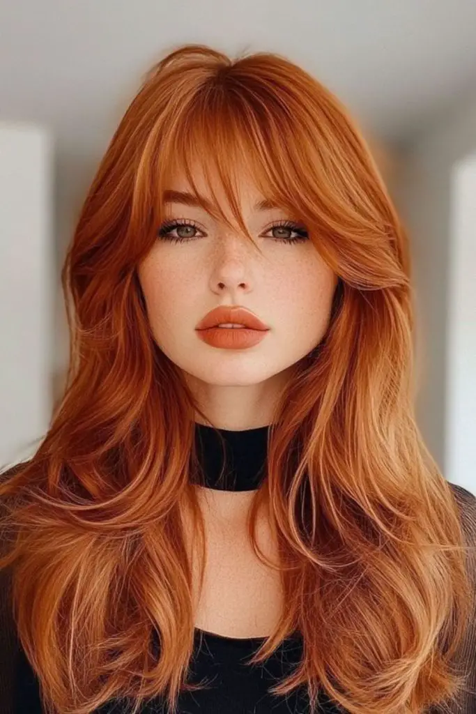 Autumnal-toned layers with face-framing fringe.