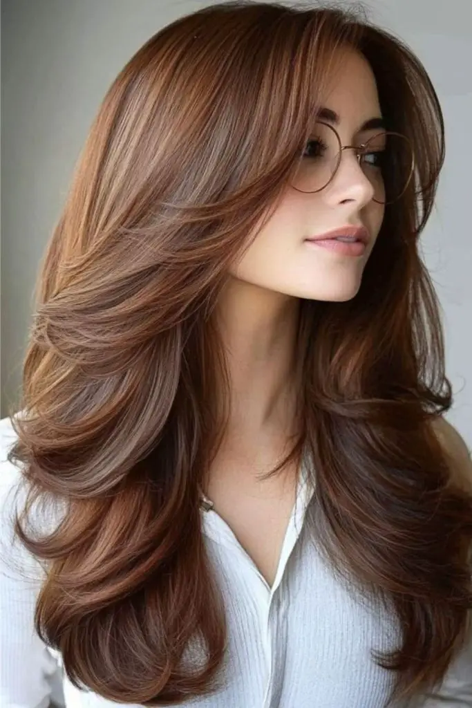 Warm ombré layers with natural fringe.
