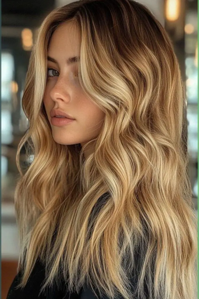 Sun-kissed honey blonde with wavy texture.