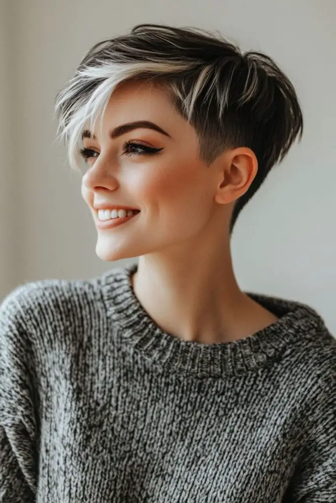 Edgy blonde pixie with dark roots.