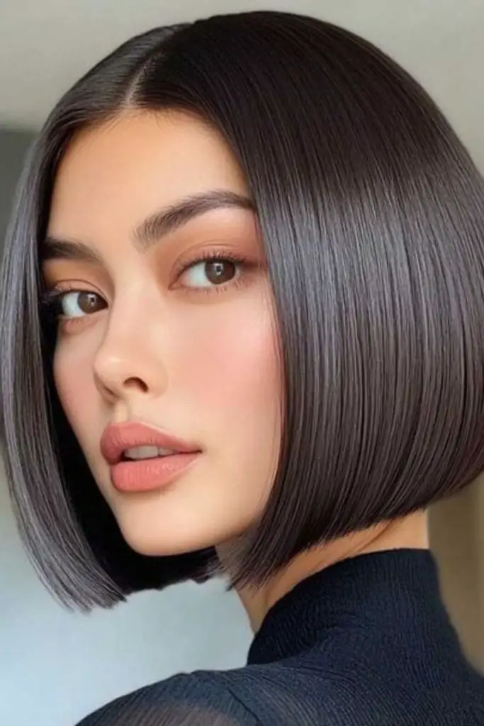 Sleek blunt bob with deep shine.