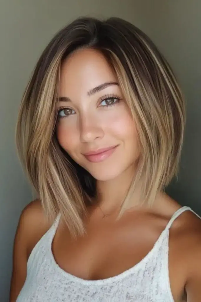 Sharp, chin-length bob with bold lines.