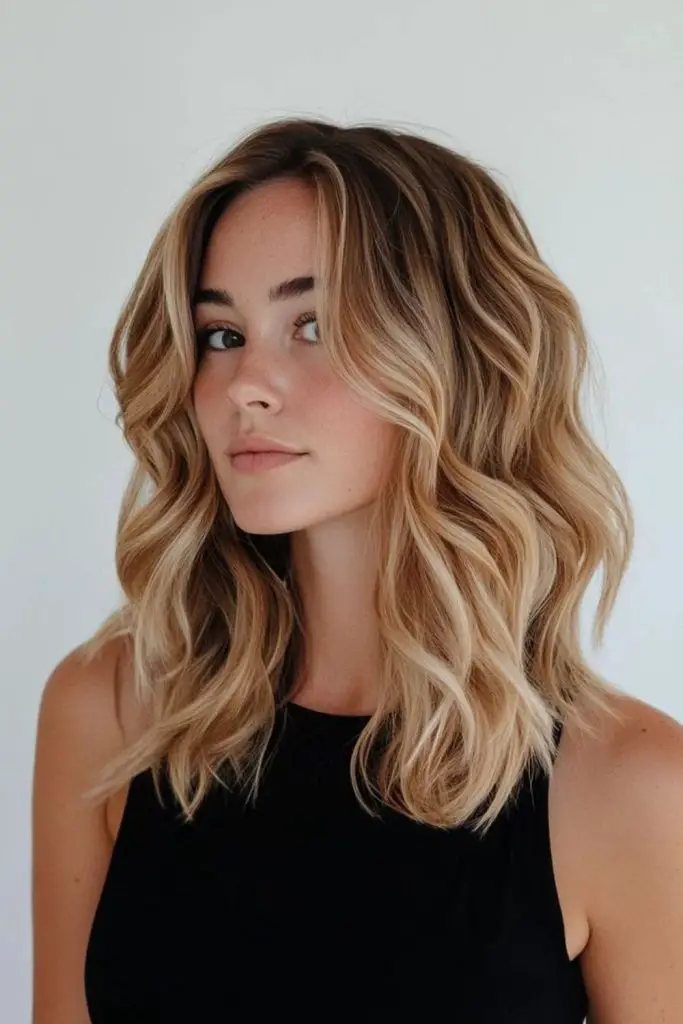Loose golden curls with sunlit highlights.