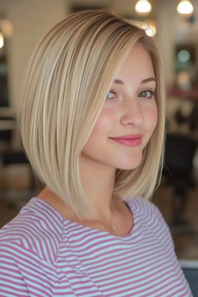 Soft blonde bob with rounded edges.