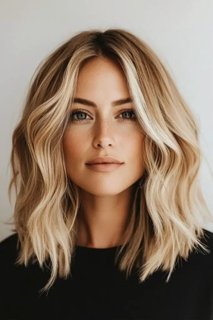 Champagne blonde lob with smooth shine.